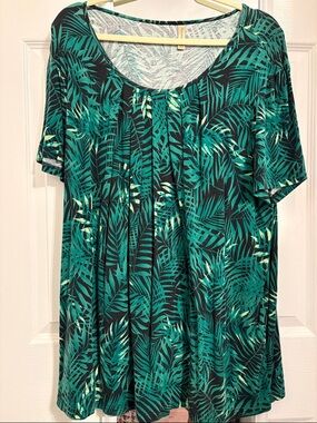 Green Tropical Leaf Scoop Neck Tunic Plus Size 3X